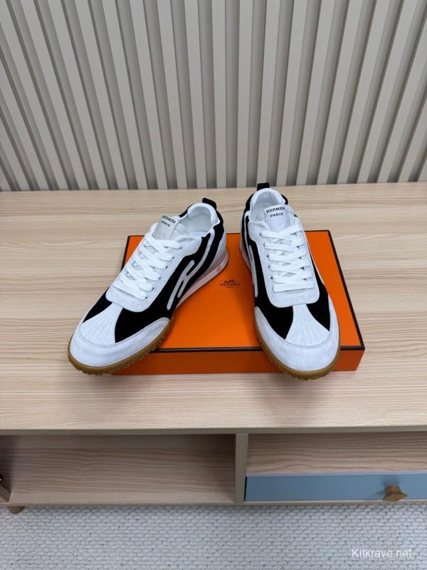 2025 Unisex Hermès White Black Suede Goat Leather Sneakers Top Version LY00310