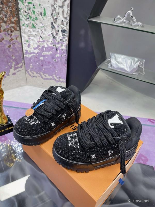 2024 Kids Louis Vuitton Black Rhinestone Fabric LV Trainer