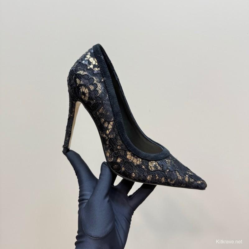 2025 Women Gianvito Rossi Black Lace Leather High Heel KFY00280