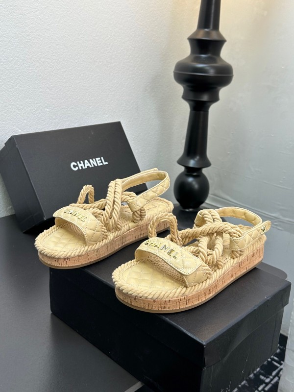 2025 Women Chanel Beige Rope Leather Slingback Sandals