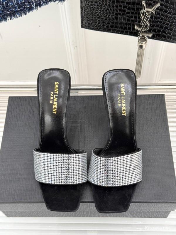 2025 Women Yves Saint Laurent Black Silver Crystal Leather Heeled Slippers LY00300