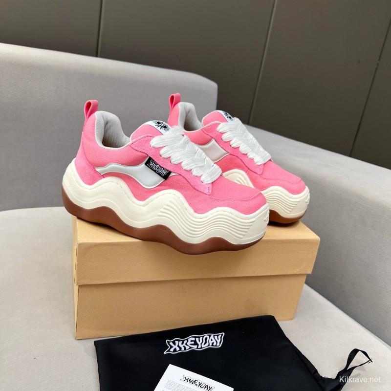 2025 Women HEYDAY Pink White Canvas Leather Wave Bread Sneakers KFY00260(F)