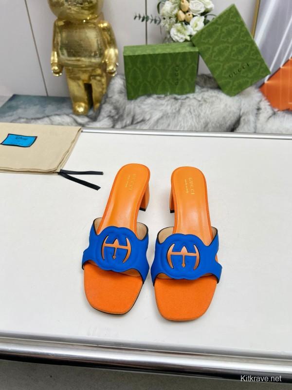 2025 Gucci Orange Blue Leather Slippers