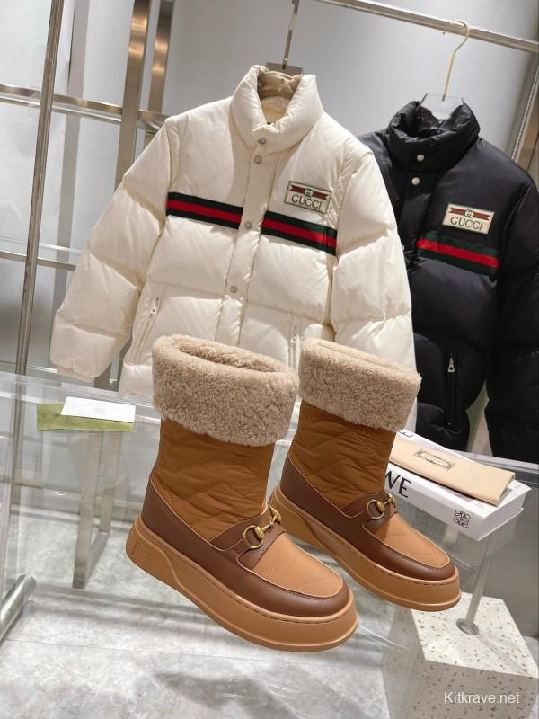 2024 Women Gucci Brown Tan Leather Shearling Lined Snow Boots MJ00420