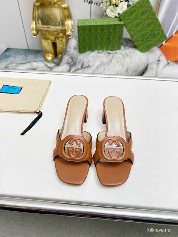 2025 Gucci Brown Leather Slippers MJ00190