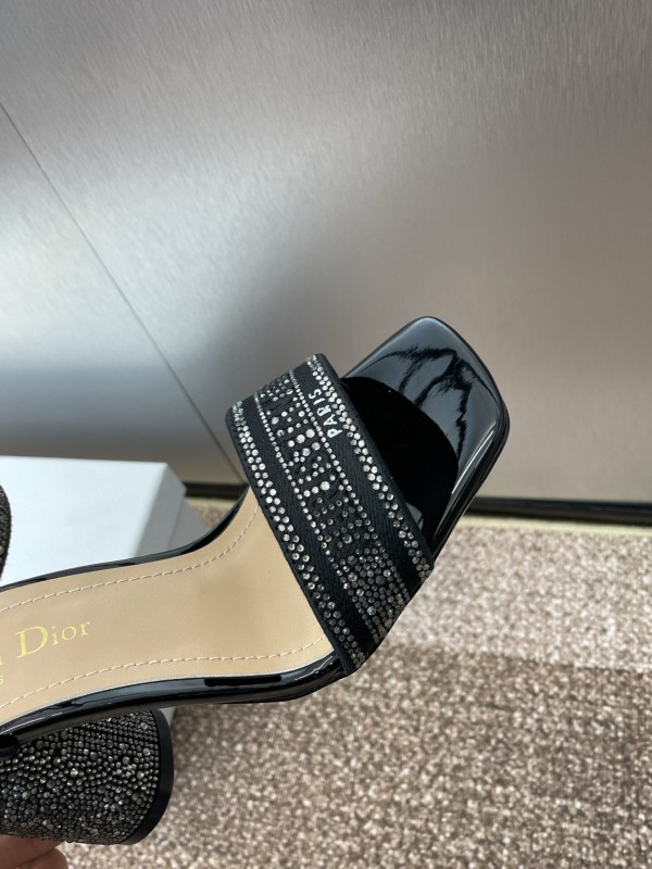 2025 Women Dior Black Patent Leather Crystal High Heel Sandals KFY00320