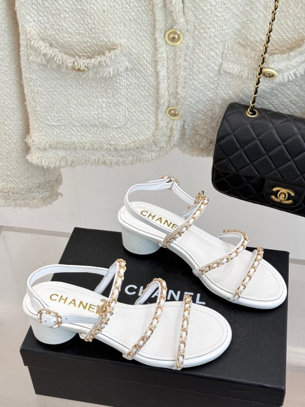 2025 Women Chanel White Leather Chain Strap Sandals