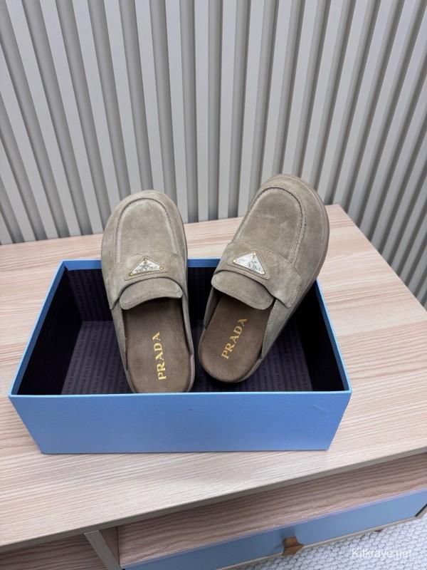 2025 Women Prada Khaki Suede Platform Loafers