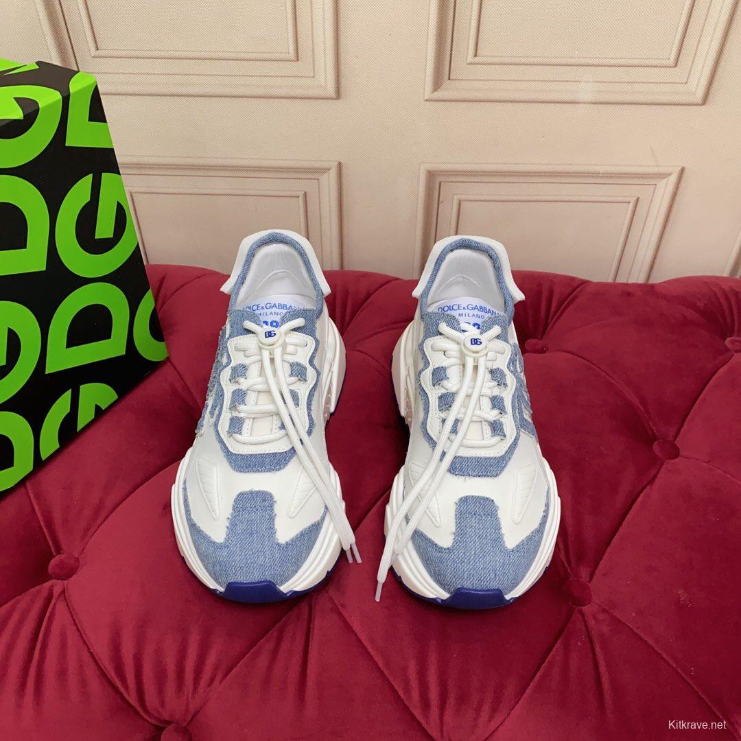 2025 Unisex Dolce & Gabbana White Blue Silk Leather Sneakers Exclusive Craft LY00330(F)/LY00340(M)