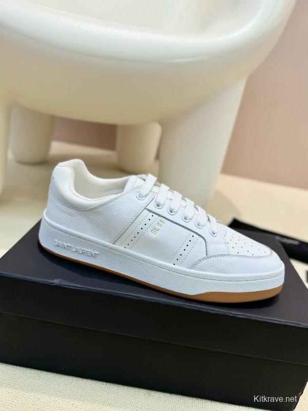 2024 Unisex Yves Saint Laurent White Silk Leather Sneakers SL61 MJ00350