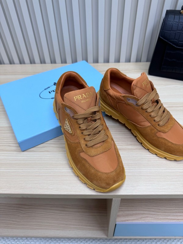 2025 Women Prada Brown Suede Nylon Sneakers LY00300