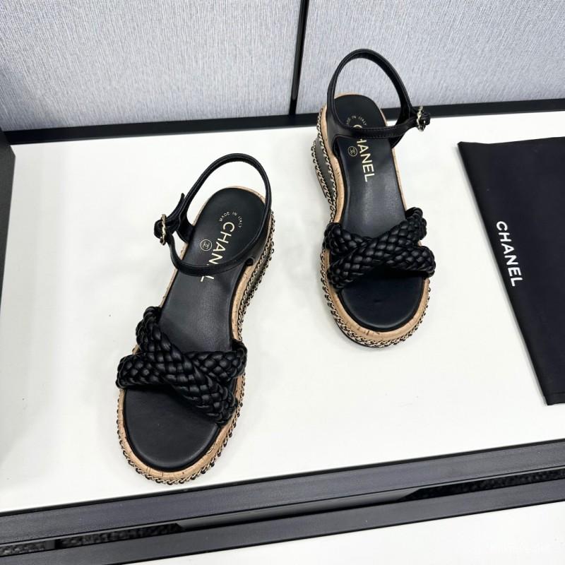 2025 Women Chanel Black Leather Braided Wedge Sandals