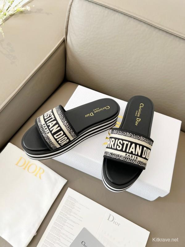 2025 Women Dior Black White Canvas Platform Sandals
