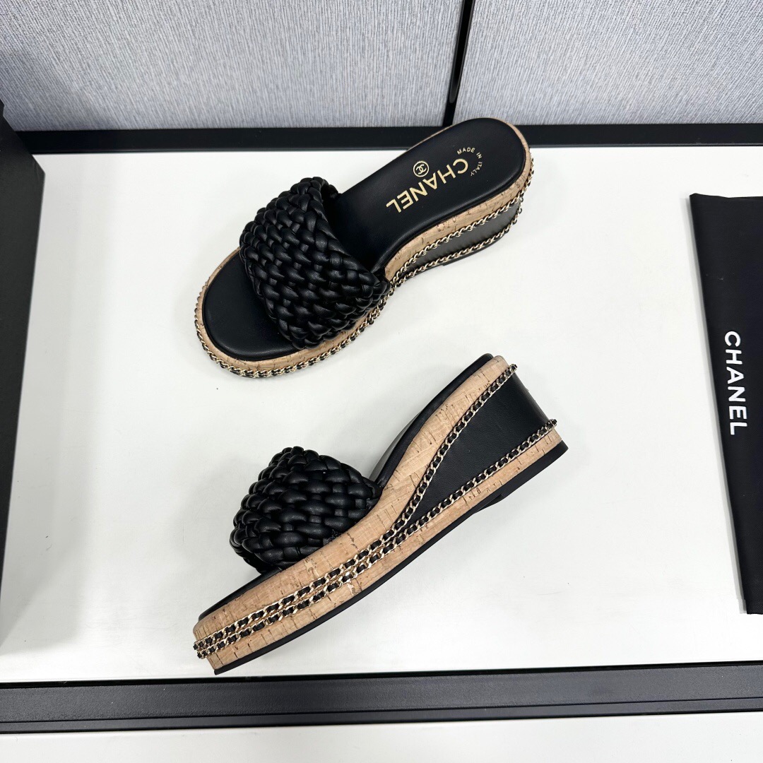 2025 Women Chanel Black Leather Woven Platform Sandals