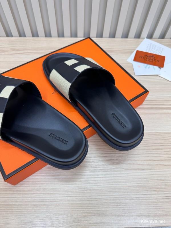 2025 Slippers Hermès Black Beige Leather Slides