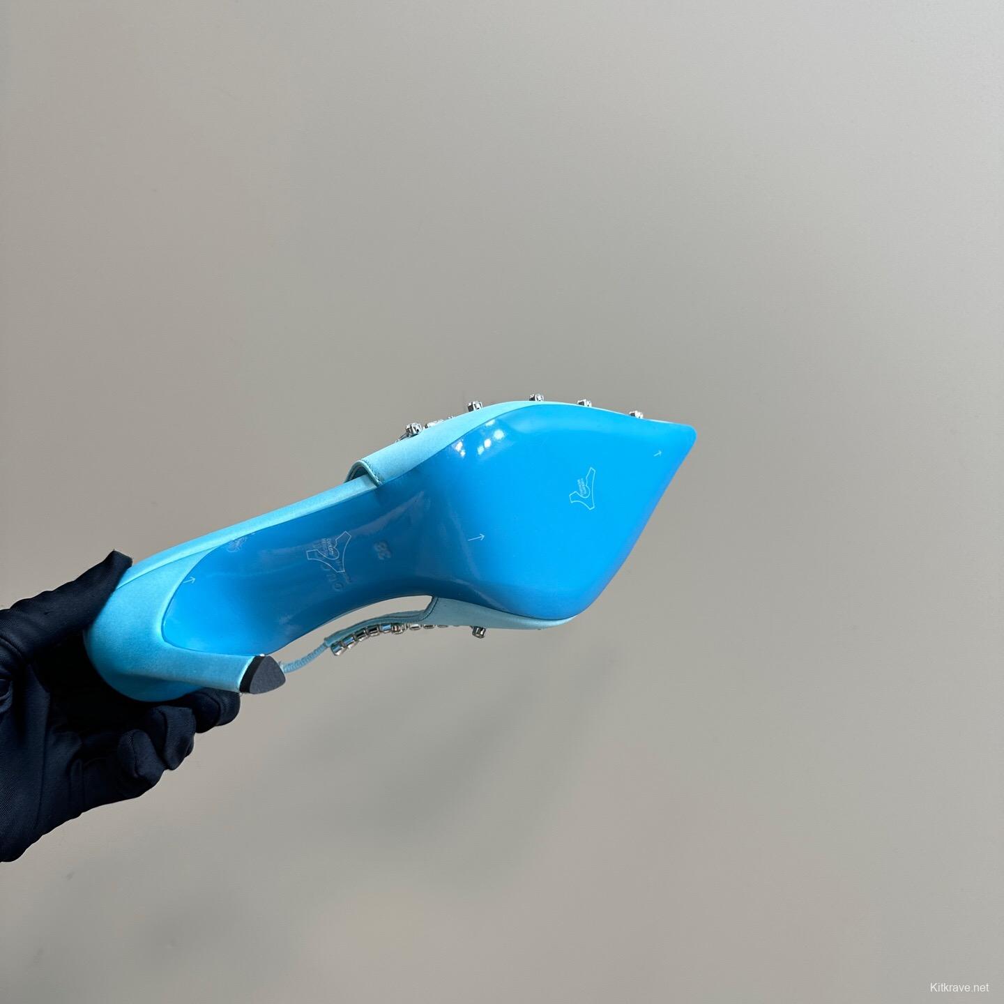 2025 Women Gucci Blue Silk Crystal Embellished Slingback High Heel KFY00340