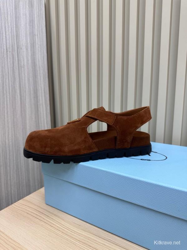 2025 Women Prada Brown Suede Slingback Buckle Sandals LY00280