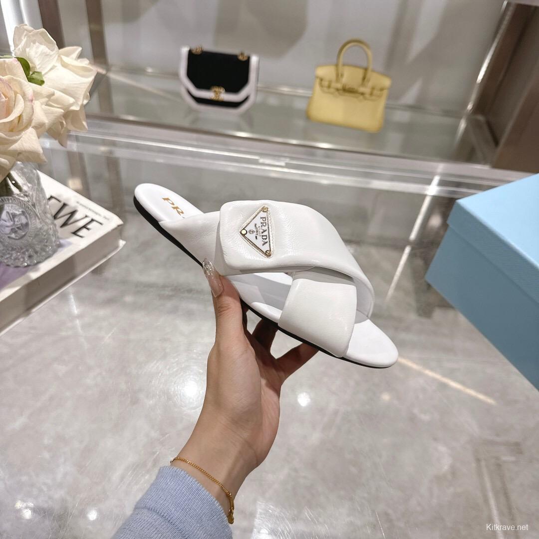 2025 Women Prada White Leather Slippers
