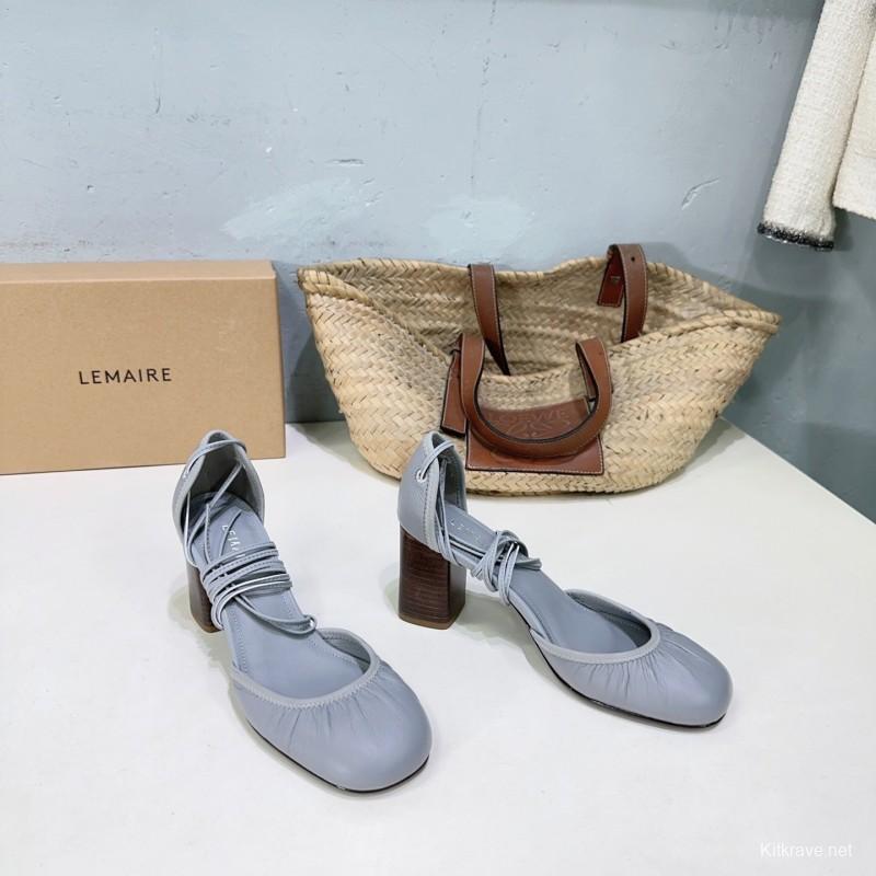 2025 Women LEMAIRE Grey Leather Mary Jane Block Heel KFY00300