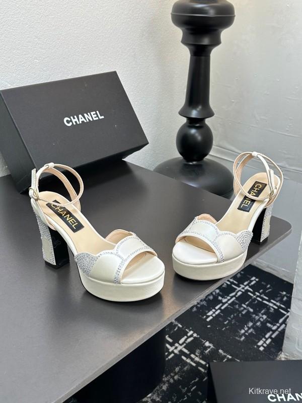 2025 Women Chanel White Leather Platform Sandals Beaded LY00320