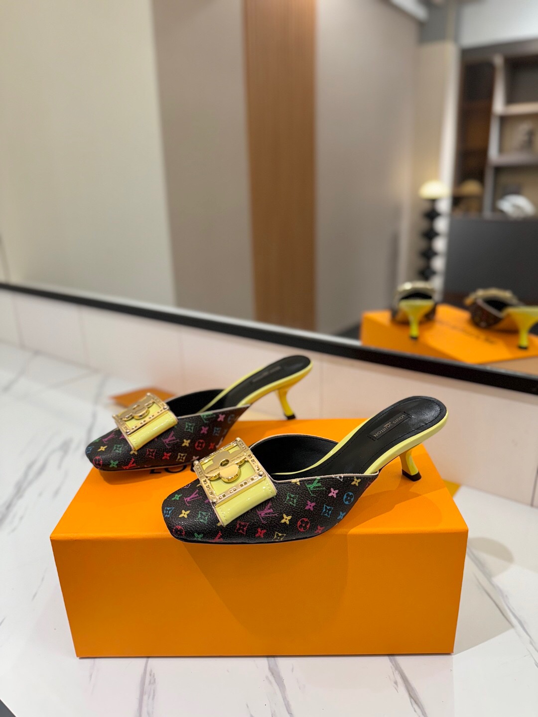 2025 Women Louis Vuitton Black Multicolor Canvas Leather Mules Buckle KFY00320