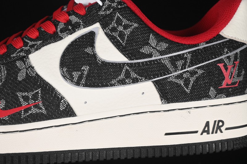 Nike Air Force 1 '07 Low LV Collaboration Black Denim Red Swoosh Casual Sneakers - LW9279-001