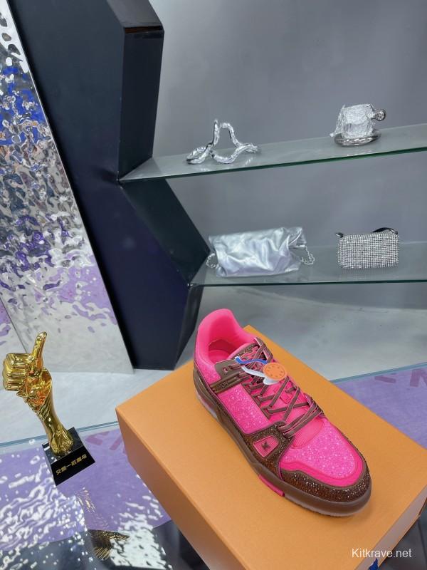 2025 Unisex Louis Vuitton Pink Brown Leather Canvas Plimsolls Handcrafted Crystals AS00400