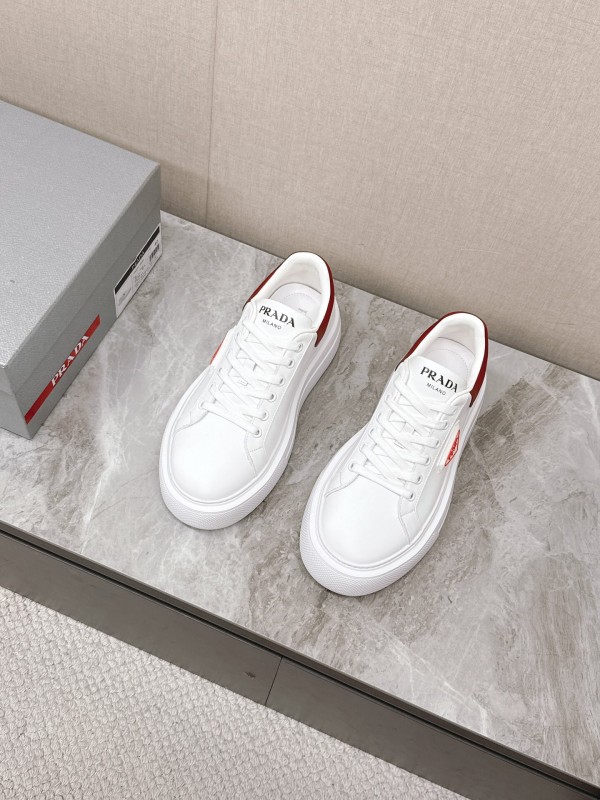 2025 Unisex Prada White Red Calf Leather Sneakers KFY00290