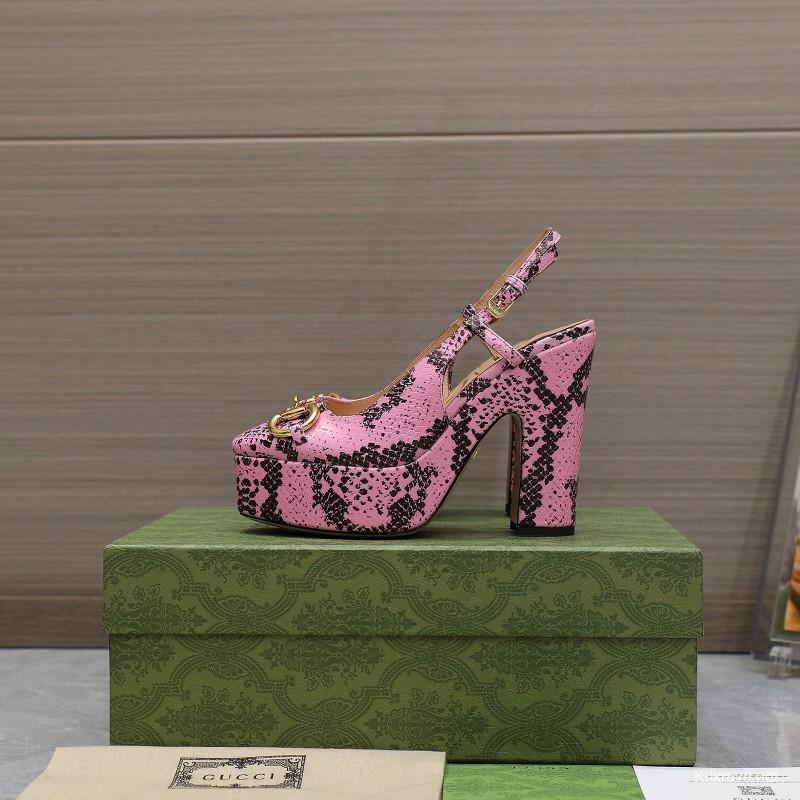 2025 Women Gucci Pink Black Leather Platform High Heels KFY00320