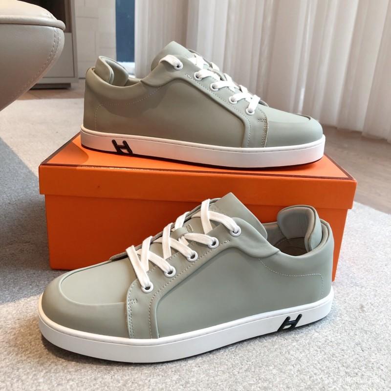 2025 Men Hermès Sage Green Leather Sneakers AS00380