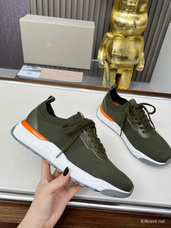 2025 Unisex Santoni Military Green Orange Wool Blend Knit Sneakers AS00320