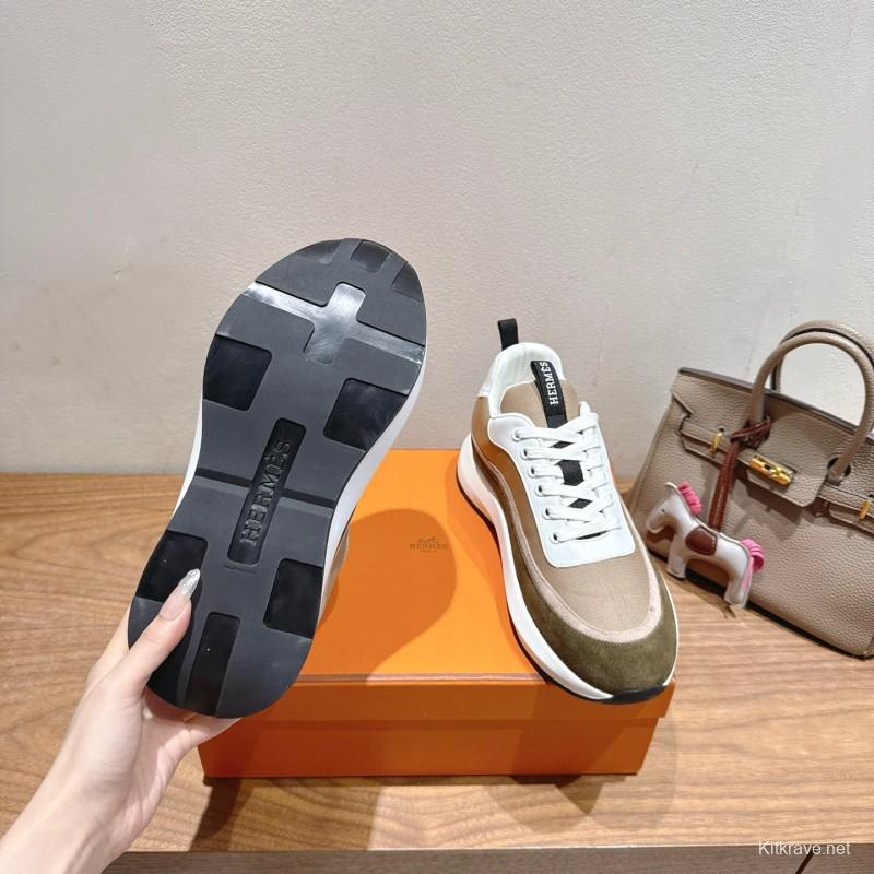 2025 Unisex HERMES White Beige Khaki Fabric Leather Sneakers AS00400