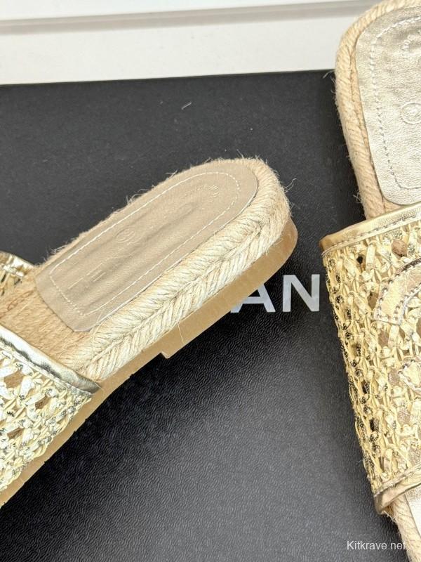 2025 Women Chanel Beige Custom Material Rope Sole Slippers Big CC Hollow Weave KFY00240