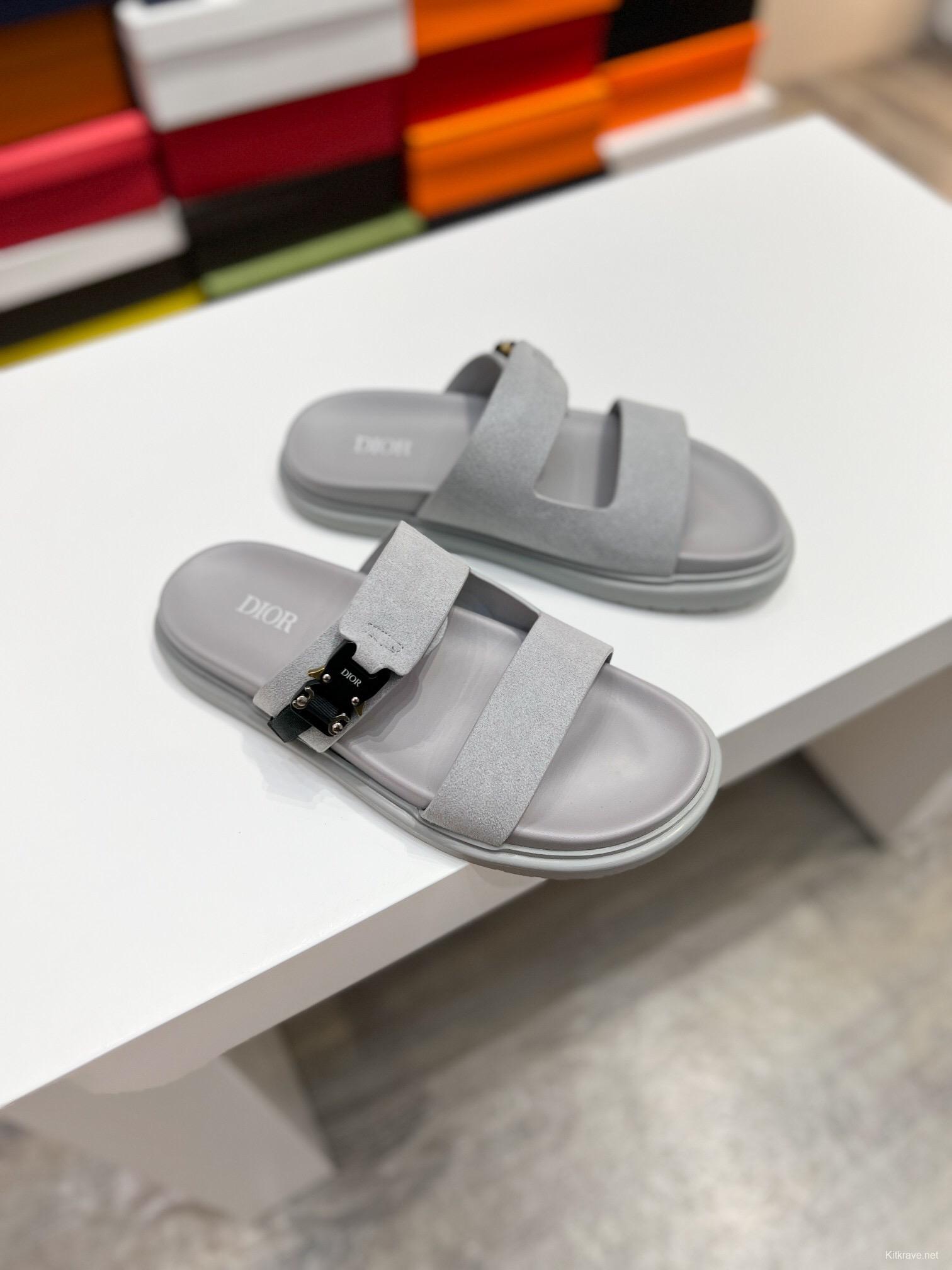 2025 Men Dior Grey Suede Leather Slippers CD Diamond AS00190