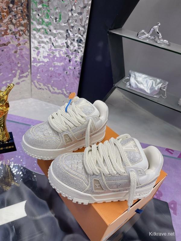 2025 Unisex Louis Vuitton White Crystal Leather Plimsolls Bing Bing AS00420