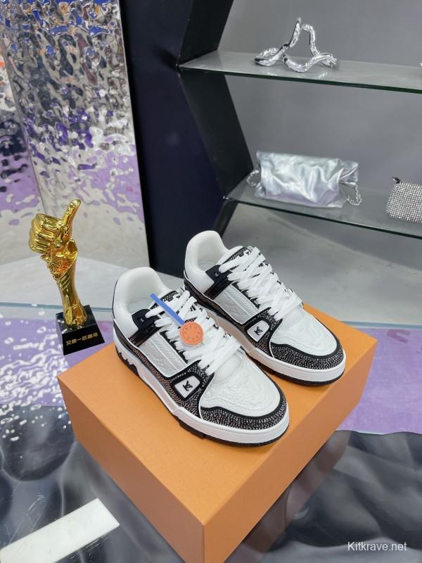 2025 Unisex Louis Vuitton White Black Leather Fabric Plimsolls Handcrafted Rhinestones AS00400