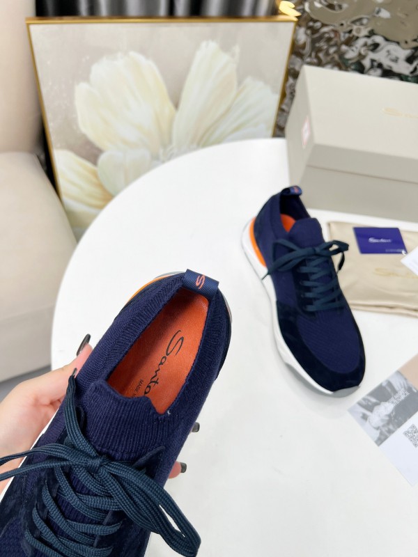 2025 Unisex Santoni Navy Orange Wool Knit Leather Sneakers AS00320