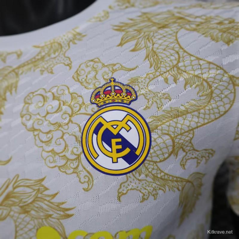 Player Version 25/26 Real Madrid White with Golden Dragon Pattern Jersey