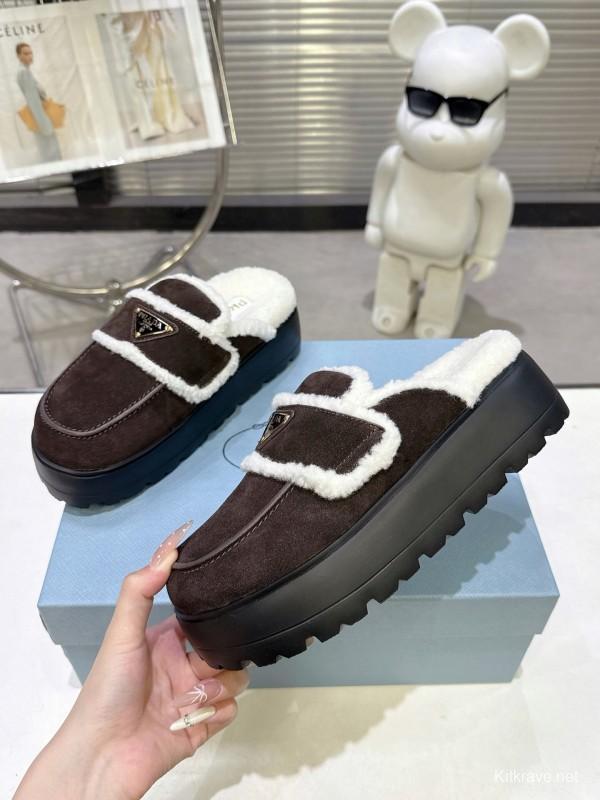 Prada SS25 Early Spring Fur Slippers with Rubber IP Ultra-Light Foam Sole - KFY00280