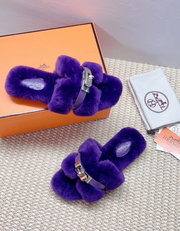 Hermès 2025/SS Teddy Wool H Slippers Flat Fur Slides - LY00260/230