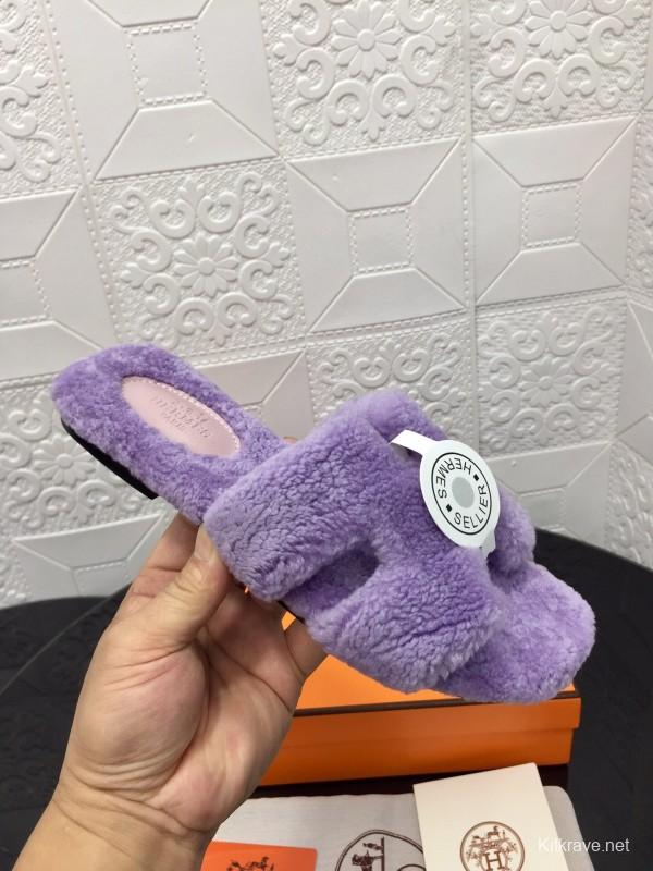 H Eiderdown Teddy Wool H Slippers Flat Sole Fur Slides - LY00240