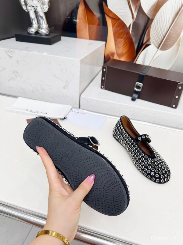 Alaia 2025/SS Crystal-Studded Ballet Dance Shoes with Inner Cushioning and 0.8CM Height Increase - LY00340