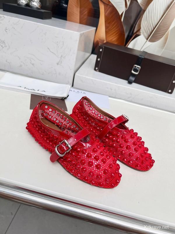 Alaia 2025/SS Beaded Openwork Ballet Dance Shoes with Mixed Lamb Leather Insole and 0.8CM Inner Height - LY00280