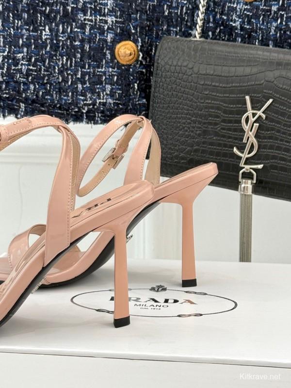 Prada 2025 SS Pointed Toe High Heel Sandals with Triangle Buckle - KFY00280