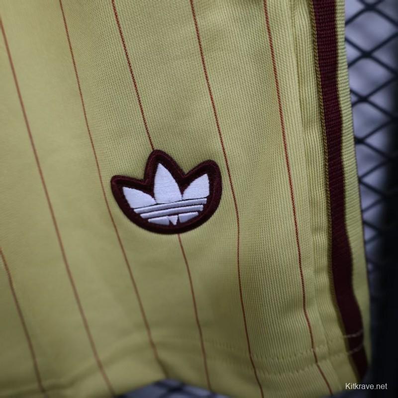 Player Version 25/26 Arsenal Yellow with Burgundy Side Stripes and Pinstripes Shorts
