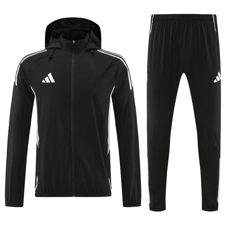 26/27 Adidas Black With White logo Full Zipper Hooded Jacket Tracksuit + Long Pants