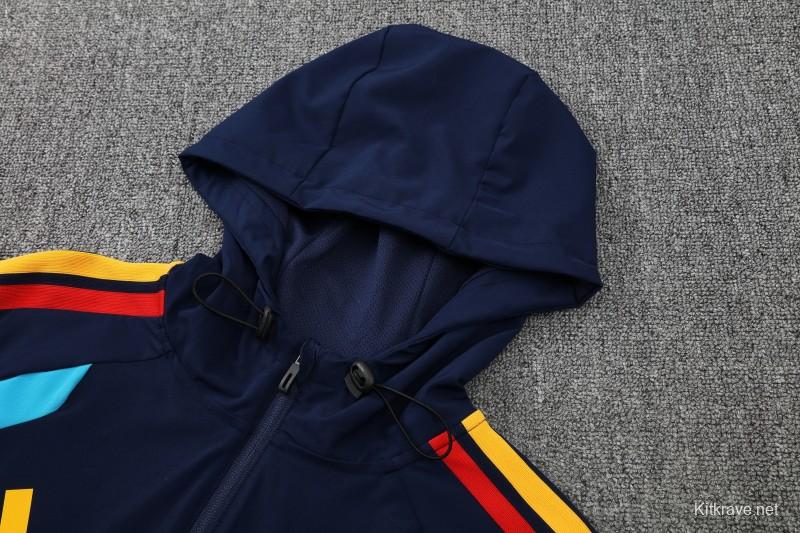 26/27  Spain Navy Blue & Light Blue Full Zipper Hooded Jacket Tracksuit + Long Pants
