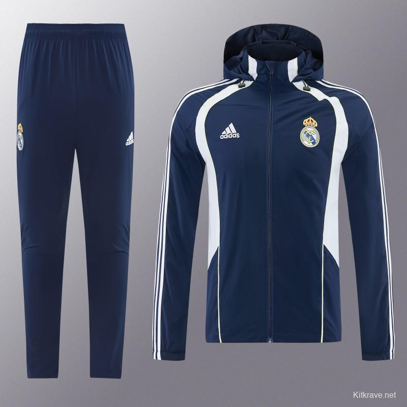 26/27 Real Madrid Navy Blue Full Zipper Hooded Windbreaker Tracksuit + Long Pants