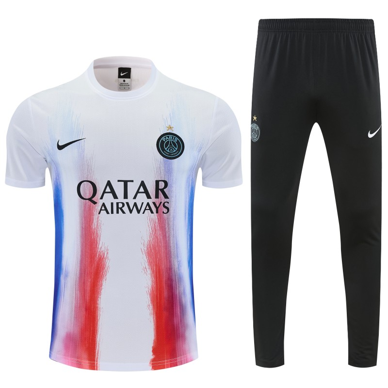 26/27 Paris Saint-Germain White with Red & Blue Brushstroke Allover Print Short Sleeve + Long Pants
