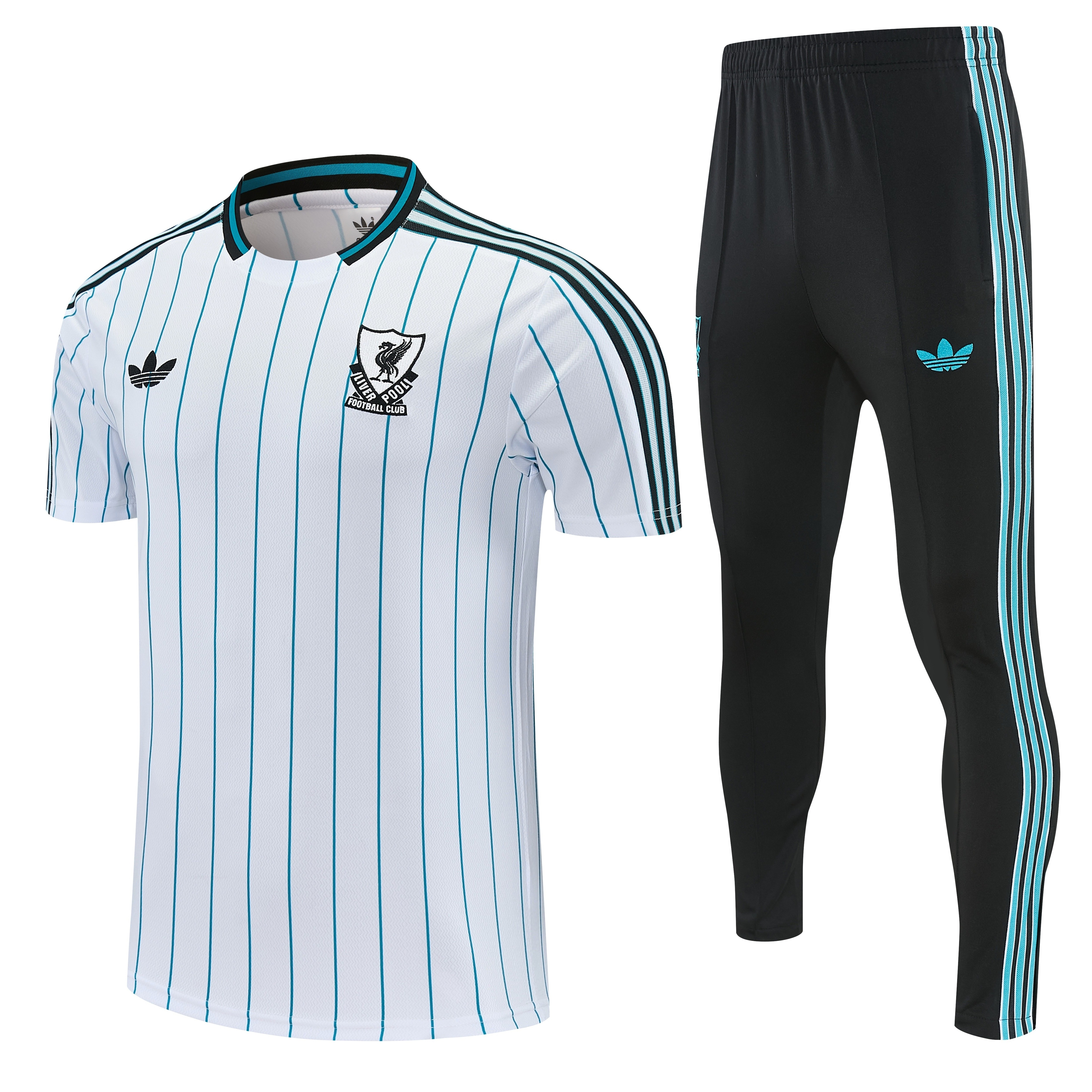 26/27 Liverpool White with Teal Pinstripe Short Sleeve Tracksuit + Long Pants